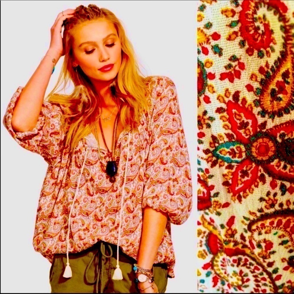 DENIM & SUPPLY Oversized MAUVE PAISLEY Boho tassel HEM Blouse womenβs size S